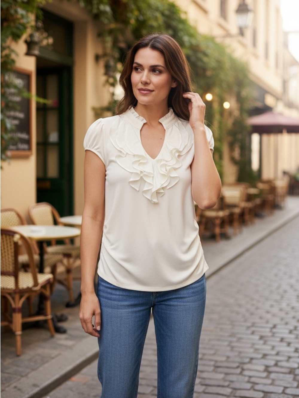 Elegant White Ruffled Blouse SZ SMALL